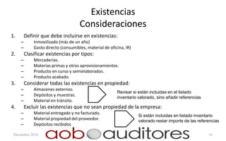 Existencias
                                     Consideraciones
1.       Definir que debe incluirse en existencias:
     –       Inmovilizado (más de un año)
     –       Gasto directo (consumibles, material de oficina, IR)
2.       Clasificar existencias por tipos:
     –       Mercaderías.
     –       Materias primas y otros aprovisionamientos.
     –       Producto en curso y semielaborados.
     –       Producto acabado.
3.       Considerar todas las existencias en propiedad:
     –       Almacenes externos.
                                                         Revisar si están incluidas en el listado
     –       Depósitos y muestras.
                                                         inventario valorado, sino añadir referencias
     –       Material en tránsito.
4.       Excluir las existencias que no sean propiedad de la empresa:
     –       Material entregado y no facturado.
                                                                    Si están incluidas en listado inventario
     –       Material propiedad del proveedor.                      valorado restar importe de las referencias
     –       Depósitos recibidos

 Diciembre 2010                                                                                         16
 