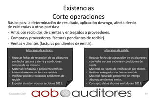 Existencias
                                  Corte operaciones
Básico para la determinación de resultado, aplicación devengo, afecta demás
de existencias a otras partidas:
- Anticipos recibidos de clientes y entregados a proveedores.
- Compras y proveedores (facturas pendientes de recibir).
- Ventas y clientes (facturas pendientes de emitir).
             Albaranes de entrada:                             Albaranes de salida:

- Repasar fechas de recepción de los albaranes   - Repasar fechas de aceptación de los albaranes
  con fecha cercana a cierre y condiciones         con fecha cercana a cierre y condiciones de
  compra de los mismos.                            venta.
- Material rechazado o pendiente verificar.      - Material en espera de verificación por cliente.
- Material entrado sin factura recibida          - Pedidos entregados sin factura emitida.
- Verificar pedidos realizados pendientes de     - Material facturado pendiente de entrega
  recibir                                        - Abonos pendientes emitir.
- Especial atención abonos recibidos 2011.       - Concepto de los abonos emitidos en 2011.


Diciembre 2010                                                                                  19
 