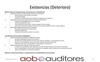 Existencias (Deterioro)
Motivos deterioro y departamentos involucrados en su identificación:
1.       Obsolescencia técnica (departamento técnico y comercial):
         –           Nueva referencia que sustituye una anterior.
         –           Tecnología obsoleta.
         –           Referencias complementaria a otra obsoleta (complementos, recambios…)
2.           Obsolescencia comercial (departamento comercial y financiero):
         –           Productos descatalogados que ya no se venderán.
         –           Referencias pasadas de moda.
         –           Lenta rotación (ya sea por existir muchas unidades y/o pocas ventas).
         –           Valor neto de realización (ingresos neto por la venta están por debajo del coste, margen negativo).
3.           Mal estado (departamento técnico y almacén):
         –           Perecederos caducados o cerca de caducar.
         –           Materiales defectuosos.
         –           Usados (por devoluciones, pruebas o muestras)


Cuantificación deterioro (dos posibilidades):
1.        Deterioro total de las referencias (100% de su valor):
         –           Muy baja probabilidad de venta de la referencia .
         –           No existe valor residual positivo por venta como chatarra, recambios… una vez deducido el coste.
         –           Nunca si se trata de deterioro por lenta rotación o por el valor neto de realización.
         –           Plantearse el que hacer con este material, ocupa espacio y no tiene valor.
2.           Deterioro parcial de las referencias (X% de su valor):
         –           En deterioros cuantificables, valor realización o con valor residual el deterioro es la diferencia calculada.
         –           En los no cuantificables, (lenta rotación, materiales con pequeños defectos), estimar un porcentaje de deterioro.
         –           Aplicar uniformidad en los deterioros estimados.

Repasar las referencias similares o complementarias a las identificadas como obsoletas



     Diciembre 2010                                                                                                                      20
 