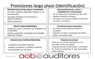 Provisiones largo plazo (Identificación)
      Retribuciones largo plazo al personal                   Desmantelamiento, retiro o
•     Convenio colectivo aplicable (repasar si se              rehabilitación inmovilizado
      ha renovado)                                  •    En la compra de inmovilizado de alto valor.
•     Acuerdos empresa con personal (y              •    Repasar elementos antiguos.
      administradores)                              •    Consultar con técnicos posibles variaciones
•     Cálculo actuarial.                                 en coste o normativa.


              Otras responsabilidades                         Provisiones para impuestos
•     Litigios en curso, comentar con abogados de   •    En inspecciones tributarias abiertas o
      la sociedad.                                       probables.
•     Avales y garantías entregadas de probable     •    Importes en litigio o pendientes de definir.
      ejecución repaso.                             •    Cálculo con asesor fiscal

          Actuaciones medioambientales                             Reestructuraciones
                                                    •   Debe ser por cambio significativo en la
•      Considerar actividad empresa.                    actividad o forma de gestión.
•      Análisis normativa y cambios recientes.      •   Programa actuación planificado y controlado.
•      Cuantificación por técnicos.                 •   Se reconoce al decidirse el coste devengado
                                                        hasta entonces.


    Diciembre 2010                                                                                      22
 