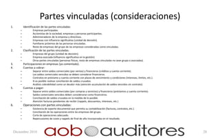 Partes vinculadas (consideraciones)
1.           Identificación de las partes vinculadas:
         –           Empresas participadas.
         –           Accionistas de la sociedad, empresas y personas participantes.
         –           Administradores de la empresa y directivos.
         –           Empresas con influencia significativa (unidad de decisión).
         –           Familiares próximos de las personas vinculadas.
         –           Resto de empresas del grupo de las empresas consideradas como vinculadas.
2.           Clasificación de las partes vinculadas:
         –           Empresas del grupo (unidad de decisión).
         –           Empresa asociada (influencia significativa en la gestión)
         –           Otras partes vinculadas (personas físicas, resto de empresas vinculadas no sean grupo o asociadas).
3.           Participaciones en empresas (ya comentado).
4.           Cuentas a cobrar:
         –           Separar entre saldos comerciales (por ventas) y financieros (créditos y cuenta corriente).
         –           Los saldos comerciales vencidos se deben considerar financieros.
         –           Contratos en préstamo y cuenta corriente con plazos de vencimiento y condiciones (intereses, límites, etc.).
         –           Si es posible realizar conciliación de saldos cruzados.
         –           Análisis cobrabilidad como un deudor más (atención acumulación de saldos vencidos sin contrato).
5.           Cuentas a pagar:
         –           Separar entre saldos comerciales (por compras y servicios) y financieros (préstamos y cuenta corriente).
         –           Saldos comerciales vencidos deben considerarse como financieros.
         –           Conciliación de saldos cruzados en la medida de lo posible.
         –           Atención facturas pendientes de recibir (rappels, descuentos, intereses, etc.)
6.           Operaciones con partes vinculadas:
         –           Existencia de soporte documental que permita su contabilización (facturas, contratos, etc.)
         –           Conciliación de las operaciones entre las empresas del grupo.
         –           Corte de operaciones adecuado.
         –           Repercusiones de coste y rappels de final de año incorporadas en el resultado.



     Diciembre 2010                                                                                                                 28
 