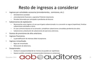 Resto de ingresos a considerar
•   Ingresos por actividades accesorias (arrendamientos, comisiones, etc.):
      –   Actividad de la sociedad.
      –   ¿Arrendamiento financiero u operativo? Distinto tratamiento.
      –   Periodos facturados por anticipado o pendientes de facturar.
•   Subvenciones de explotación:
      –   Reconocerlas como ingreso a la vez que el gasto subvencionado si su concesión es segura (repetitivas). Analizar
          subvenciones solicitadas a cierre.
      –   En caso contrario basarse en la concesión, contabilizar subvenciones concedidas pendientes de cobro.
      –   Subvenciones y devolución de subvenciones de ejercicios anteriores.
•   Excesos de provisiones de años anteriores.
•   Ingresos financieros.
      –   La periodificación de intereses debe incorporarse.
•   Ingresos inmovilizado.
      –   Bajas de inmovilizado.
      –   Retrocesión de deterioros.
•   Excepcionales:
      –   Analizar la excepcionalidad de los mismos (no pueden ser repetitivos)
      –   Separar posibles conceptos no excepcionales (intereses en sentencias).

Diciembre 2010                                                                                                              31
 