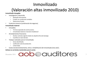 Inmovilizado
           (Valoración altas inmovilizado 2010)
Inmovilizado Intangible
•   Investigación y desarrollo.
       –   Realizado internamente.
       –   Cumplir con condiciones contables.
       –   Deducciones fiscales
•   Fondo de comercio (combinación de negocios)
Inmovilizado material
•   Inmuebles.
       –   Terrenos separados de construcciones.
       –   Inmovilizado material o inversión inmobiliaria?.
•    Arrendamientos financieros
       –   Analizar contratos vigentes (todos los alquileres No solo leasings).
       –   Cuantificar el valor del bien.
•    Trabajos realizados para el inmovilizado.
       –   Activo identificable.
       –   Justificación coste de producción.
       –   Uniformidad.
•    Costes de desmantelamiento, retiro o rehabilitación del inmovilizado (más valor).
Activos no corrientes mantenidos para la venta

Diciembre 2010                                                                           7
 