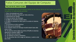ServicioNacionaldeAprendizaje
Fallos Comunes del Equipo de Computo
Las siguientes son las principales fallas en los discos duros en las cuales es posible
recuperar la información perdida.
1. Disco formateado por error.
2. Partición del disco dañada por falla eléctrica.
3. Variaciones de voltaje.
4. Virus en sector de arranque.
5. El BIOS no reconoce el disco duro.
6. El BIOS sí reconoce el disco pero no existe el sistema
operativo.
7. Se escucha un click continuo
8. El disco ya no enciende.
9. El sistema marca el mensaje invalid sistem boot disk
press a key.
10. El sistema marca falta el archivo NTLDR en sistemas
operativos windows 2000 y XP.
11. El disco lee muy lento.
12. El sistema no entra a Windows.
13. Se escuchan dos click luego se detiene y vuelve a dar
dos clicks.
 