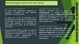 ServicioNacionaldeAprendizaje
Metodología detección de fallas
ETAPA DE COMPROBACIÓN
En esta etapa deberemos comprobar la
veracidad o falsedad de cada hipótesis
planteada en el punto anterior.
El orden con el que se procederá en la
comprobación no está prefijado ni será el orden
de aparición en la lista de las hipótesis. De
hecho suele obedecer a la posibilidad de
comprobación en función de los elementos
disponibles.
Nunca debemos perder de vista que estamos
hablando de una “posibilidad” y no de un
“Diagnostico de Certeza” ya que hasta que no
realicemos dicha comprobación no
terminaremos con la incertidumbre.
DIAGNÓSTICO DE CERTEZA.
Habiendo concluido con la etapa de
Comprobación y pruebas estamos en
condiciones de realizar el Diagnóstico final o de
certeza, en esta etapa se deberá determinar la
causa del inconveniente de forma fehaciente
determinando la metodología que se aplicará
para la solución final.
ACCIÓN DE REPARACIÓN
Una vez realizado el Diagnóstico Final o de
Certeza, solo falta para la culminación con la
Acción de Reparación, la cual implica llevar a
cabo paso a paso las tareas planteadas en el
punto anterior, y las posteriores pruebas de
confirmación.
 