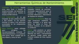 Herramientas Químicas de Mantenimiento
Limpiador de circuitos: liquido
sirve para lavar y limpiar la
tarjeta principal, las memorias, el
modem externo (si lo tienen), la
tarjeta de Red externa.
Aire Comprimido: es un gas
limpiador de alta calidad envasado
a alta presión. Su uso permite
eliminar el polvo y las partículas
acumuladas en los componentes
electrónicos
Alcohol Isopropilico: es el
limpiador interno de precisión,
formulado especialmente para la
limpieza y mantenimiento de
circuitos eléctricos y electrónicos
de equipos de cómputo.
Limpiador De Pantallas: Deja una
capa protectora repelente al
polvo, suciedad y la grasa que
dejan los dedos al tocar. No
produce residuos, no es abrasivo
ni conductor
Varsol: este producto se aplica
puro para la limpieza de marcos,
Manchas de tinta y herramientas
en general, puede usarse para
remover residuos de tinta rayones
y oxido.
Pasta Térmica: pasta utilizada
para refrigerar los
microprocesadores evitando su
sobrecalentamiento y su posterior
daño grave, Tener cuidado que es
muy espeso y nunca se seca.
ServicioNacionaldeAprendizaje
 