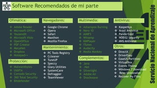 ServicioNacionaldeAprendizaje
Software Recomendados de mi parte
Ofimática: Navegadores: Multimedia:
Protección:
Mantenimiento:
Complementos:
Antivirus:
Otros:
 Adobe Reader
 Microsoft Office
 Yousendit
 Microsoft Visio
 OpenOffice
 PDF Creator
 MecaNet
 Dropbox
 Notepad++
 Google Chrome
 Opera
 Safari
 Maxthon
 Mozilla Firefox
 Ashampoo Burning
 Nero 10
 AIMP3
 Winamp
 KMPlayer
 iTunes
 Audacity
 Media Monkey
 Kasperkys
 Avast Antivirus
 Panda Cold
 NOD32 Segurity
 AVG Antivirus
 Malwarebytes
 UsbFix
 Comodo Security
 360 Total Security
 Bitdefender
 PC Tools Registry
 Ccleaner
 TuneUP
 Speccy
 Glary Utilities
 SystemCare
 Defraggler
 TeamViewer
 Java
 .Net
 Silverlight
 Adobe Air
 Shockwave
 DirectX
 DriverEasy
 EaseUS Partition
 VirtualBox
 Everes Thome
 Windows 7 Download
 Revo Uninstaller
 Recover My Files
 