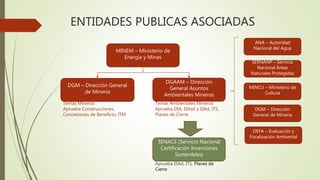 ENTIDADES PUBLICAS ASOCIADAS
MINEM – Ministerio de
Energía y Minas
DGAAM – Dirección
General Asuntos
Ambientales Mineros
DGM – Dirección General
de Minería
SENACE (Servicio Nacional
Certificación Inversiones
Sostenibles)
Temas Mineros
Aprueba Construcciones,
Concesiones de Beneficio, ITM
Temas Ambientales Mineros
Aprueba DIA, EIAsd y EIAd, ITS,
Planes de Cierre
Aprueba EIAd, ITS, Planes de
Cierre
ANA – Autoridad
Nacional del Agua
SERNANP – Servicio
Nacional Áreas
Naturales Protegidas
MINCU – Ministerio de
Cultura
DGM – Dirección
General de Minería
OEFA – Evaluación y
Fiscalización Ambiental
 