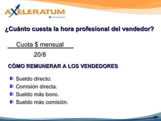 ¿Cuánto cuesta la hora profesional del vendedor? CÓMO REMUNERAR A LOS VENDEDORES Sueldo directo. Comisión directa. Sueldo más bono. Sueldo más comisión.  Cuota $ mensual 20/8 