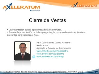 Cierre de Ventas Todos los derechos de este documento están reservados para Visionaria / Axeleratum y su autor Javier Murillo Acuña La presentación durará aproximadamente 60 minutos. Durante la presentación no habrá preguntas, le recomendamos ir anotando sus preguntas para hacerlas al final. MBA. Julio Alberto Castro Manzano Axeleratum Asociado y Gerente de Operaciones www.linkedin.com/in/juliocastro   www.twitter.com/juliocastro   www.axeleratum.com/blogs 