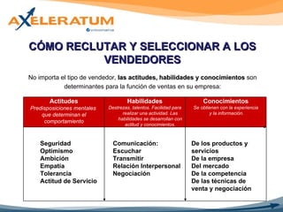 CÓMO RECLUTAR Y SELECCIONAR A LOS VENDEDORES No importa el tipo de vendedor,  las actitudes, habilidades y conocimientos  son determinantes para la función de ventas en su empresa: Seguridad Optimismo Ambición Empatía Tolerancia Actitud de Servicio Comunicación: Escuchar Transmitir Relación Interpersonal Negociación De los productos y servicios De la empresa Del mercado De la competencia De las técnicas de venta y negociación Actitudes Predisposiciones mentales  que determinan el comportamiento Habilidades Destrezas, talentos. Facilidad para realizar una actividad. Las habilidades se desarrollan con actitud y conocimientos. Conocimientos Se obtienen con la experiencia y la información. 