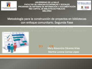 Metodología para la construcción de proyectos en bibliotecas
con enfoque comunitario. Segunda Fase





Mery Alexandra Cáceres Arias
Martha Lorena Correa López

 