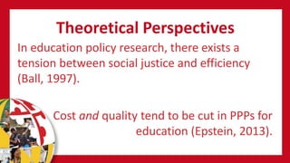 Theoretical Perspectives
In education policy research, there exists a
tension between social justice and efficiency
(Ball, 1997).
Cost and quality tend to be cut in PPPs for
education (Epstein, 2013).
 