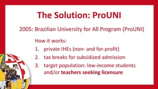 The Solution: ProUNI
How it works:
1. private IHEs (non- and for-profit)
2. tax breaks for subsidized admission
3. target population: low-income students
and/or teachers seeking licensure
2005: Brazilian University for All Program (ProUNI)
 