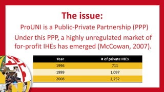 The issue:
ProUNI is a Public-Private Partnership (PPP)
Under this PPP, a highly unregulated market of
for-profit IHEs has emerged (McCowan, 2007).
Year # of private IHEs
1996 711
1999 1,097
2008 2,252
 