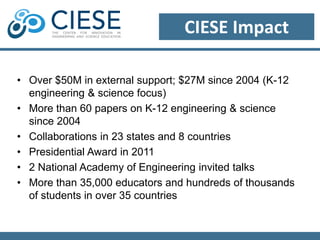 Project INFUSE 
• High school biology and physics teachers 
learn to infuse engineering design into their 
teaching 
• 5-yr, $3 Million NSF project involves five 
universities and 2 cohorts of NJ teachers 
• Goals are to study how HS science teachers 
learn engineering concepts and how they 
introduce those concepts in the classroom. 
Research Foci: Teachers’ content knowledge and 
approaches to innovation and engineering design practices 
Instructional Foci: Engineering design, modeling, analysis, 
systems and communication & collaboration 
 
