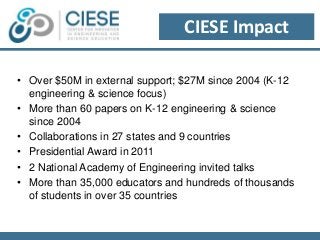 CIESE Impact 
• Over $50M in external support; $27M since 2004 (K-12 
engineering & science focus) 
• More than 60 papers on K-12 engineering & science 
since 2004 
• Collaborations in 27 states and 9 countries 
• Presidential Award in 2011 
• 2 National Academy of Engineering invited talks 
• More than 35,000 educators and hundreds of thousands 
of students in over 35 countries 
 