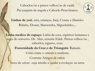 Caboclos/as e pretos velhos/as de oxalá.
Pai joaquim de angola e Caboclo Pena branca.
Linhas de yori, erês, crianças, ibeji, Cosme e Damião:
Ritinha, Doum, Mariazinha, Miguelzinho,...
Linha medica do espaço: Linha de cura, espiritos humanos e
seres do universo. Dr. Akio, tenente Erick. Pretos-velhos/as ,
caboclos, ciganos, exus.
Fraternidade da Cruz e do Triangulo: Ramatis
Uniao entre o oriente e ocidente.
Corrente Amigos de orion.
Seres de orion: cuja missão e ajudar a evoluçao na terra.
 