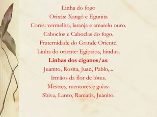 Linha do fogo
Orixás: Xangô e Egunita
Cores: vermelho, laranja e amarelo ouro.
Caboclos e Caboclas do fogo.
Fraternidade do Grande Oriente.
Linha do oriente: Egipcios, hindus.
Linhas dos ciganos/as:
Juanito, Rosita, Juan, Pablo,...
Irmãos da flor de lótus.
Mestres, mentores e guias:
Shiva, Lanto, Ramatis, Juanito.
 