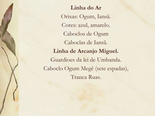 Linha do Ar
Orixas: Ogum, Iansã.
Cores: azul, amarelo.
Caboclos de Ogum
Caboclas de Iansã.
Linha de Arcanjo Miguel.
Guardioes da lei de Umbanda.
Caboclo Ogum Megê (sete espadas),
Tranca Ruas.
 