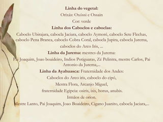 Linha do vegetal:
Orixás: Oxóssi e Ossain
Cor: verde
Linha dos Caboclos e caboclas:
Caboclo Ubirajara, cabocla Jaciara, caboclo Aymoré, caboclo Sete Flechas,
caboclo Pena Branca, caboclo Cobra Coral, cabocla Jupira, cabocla Jurema,
caboclos do Arco Iris, ...
Linha da Jurema: mestres da Jurema:
Pai Joaquim, Joao boaideiro, Indios Potiguaras, Zé Pelintra, mestre Carlos, Pai
Antonio da Jurema,...
Linha da Ayahuasca: Fraternidade dos Andes:
Caboclos do Arco iris, caboclo do cipó,
Mestra Flora, Arcanjo Miguel,
fraternidade Egipcia: osiris, isis, horus, anubis.
Irmãos de orion.
Mestre Lanto, Pai Joaquim, Joao Boaideiro, Cigano Juanito, cabocla Jaciara,...
 