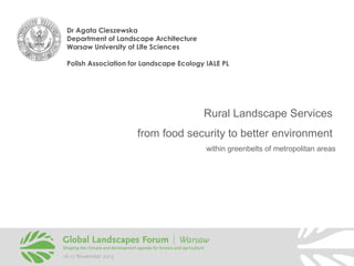 Dr Agata Cieszewska
Department of Landscape Architecture
Warsaw University of Life Sciences
Polish Association for Landscape Ecology IALE PL

Rural Landscape Services
from food security to better environment
within greenbelts of metropolitan areas

 
