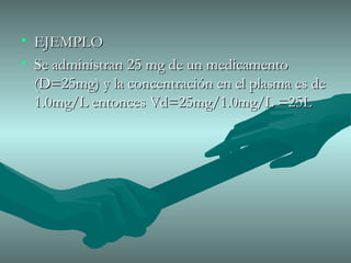 EJEMPLO Se administran 25 mg de un medicamento (D=25mg) y la concentración en el plasma es de 1.0mg/L entonces Vd=25mg/1.0mg/L =25L 