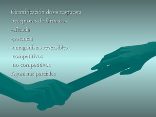 Cuantificación dosis respuesta -receptores de fármacos -eficacia -potencia -antagonistas reversibles competitivos  no competitivos Agonistas parciales 
