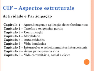 CIF – Aspectos estruturais
Actividade e Participação
Capítulo 1 – Aprendizagem e aplicação de conhecimentos
Capítulo 2 – Tarefas e exigências gerais
Capítulo 3 – Comunicação
Capítulo 4 – Mobilidade
Capítulo 5 – Auto-cuidados
Capítulo 6 – Vida doméstica
Capítulo 7 – Interacções e relacionamentos interpessoais
Capítulo 8 – Áreas principais da vida
Capítulo 9 – Vida comunitária, social e cívica
 
