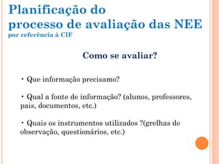 • Que informação precisamo?
• Qual a fonte de informação? (alunos, professores,
pais, documentos, etc.)
• Quais os instrumentos utilizados ?(grelhas de
observação, questionários, etc.)
Como se avaliar?
Planificação do
processo de avaliação das NEE
por referência à CIF
 