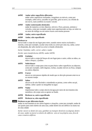 CIF 4. Mobilidade
d4502 Andar sobre superfícies diferentes
andar sobre superfícies inclinadas, irregulares ou móveis, como por
exemplo, sobre relva, cascalho ou gravilha, gelo ou neve, ou a bordo de
um navio, num combóio ou noutro veículo
d4503 Andar contornando obstáculos
andar de maneira a evitar objectos, móveis e fixos, pessoas, animais e
veículos, como por exemplo, andar num supermercado ou loja, ao redor ou
no meio do tráfego ou em outros locais com muitas pessoas
d4508 Andar, outro especificado
d4509 Andar, não especificado
d455 Deslocar-se
mover todo o corpo de um lugar para outro, usando outros meios excluindo a
marcha, como por exemplo, escalar uma rocha ou correr por uma rua, saltar, correr
em disparada, dar salto mortal ou correr evitando obstáculos
Inclui: Gatinhar, subir, correr, saltar e nadar
Exclui: auto transferências (d420); andar (d450)
d4550 Gatinhar
mover todo o corpo de bruços de um lugar para o outro, sobre as mãos, ou
mãos e braços, e joelhos
d4551 Subir/descer
mover todo o corpo para cima ou para baixo sobre superfícies ou objectos,
como por exemplo, subir degraus, rochas, escadas móveis ou fixas, rampas
ou outros objectos
d4552 Correr
mover-se com passos rápidos de modo que os dois pés possam estar no ar
ao mesmo tempo
d4553 Saltar
elevar-se do solo flectindo e estendendo as pernas, como sobre um pé,
saltitar, saltar e pular ou mergulhar na água
d4554 Nadar
impulsionar todo o corpo através da água por meio de movimentos dos
membros e do corpo sem se apoiar no fundo
d4558 Deslocar-se, outro especificado
d4559 Deslocar-se, não especificado
d460 Deslocar-se por diferentes locais
andar ou movimentar-se em vários lugares e situações, como por exemplo, andar de
um quarto para outro dentro de uma casa, andar dentro de um edifício ou numa rua
de uma cidade
Inclui: mover-se dentro de casa, gatinhar ou transpor desníveis ou degraus dentro
de casa; andar ou mover-se dentro de edifícios sem ser na própria casa, fora de
casa e noutros edifícios
129
 