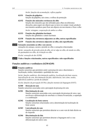 CIF 2. Funções sensoriais e dor
Inclui: funções da acomodação; reflexo pupilar
b2151 Funções da pálpebra
funções da pálpebra, tais como, o reflexo de protecção
b2152 Funções dos músculos extrínsecos do olho
funções dos músculos que são utilizados para olhar em diferentes
direcções, para seguir um objecto que se move no campo visual, produzir
movimentos sacádicos para fixar um objecto em movimento e fixar o olho
Inclui: nistagmo; cooperação de ambos os olhos
b2153 Funções das glândulas lacrimais
funções das glândulas e canais lacrimais
b2158 Funções das estruturas adjacentes ao olho, outras especificadas
b2159 Funções das estruturas adjacente ao olho, não especificadas
b220 Sensações associadas ao olho e aos anexos
sensações de cansaço, secura e prurido no olho e sensações relacionadas
Inclui: sensações de pressão atrás do olho, de ter algo no olho, de tensão no olho,
de queimadura no olho; de irritação no olho
Exclui: sensação de dor (b280)
b229 Visão e funções relacionadas, outras especificadas e não especificadas
Funções auditivas e vestibulares (b230-b249)
b230 Funções auditivas
funções sensoriais que permitem sentir a presença de sons e discriminar a
localização, timbre, intensidade e qualidade dos sons
Inclui: funções auditivas, discriminação auditiva, localização da fonte sonora,
lateralização do som, discriminação da fala; deficiências, tais como, surdez,
deficiência auditiva e perda da audição
Exclui: funções da percepção (b156) e funções mentais da linguagem (b167);
b2300 Detecção de sons
funções sensoriais associadas com a percepção da presença de sons
b2301 Discriminação do som
funções sensoriais associadas com a percepção da presença de sons e que
envolvem a diferenciação do som/base e a síntese bi-auricular, a separação
e a combinação
b2302 Localização da fonte sonora
funções sensoriais relacionadas com a determinação da localização da
fonte sonora
b2303 Lateralização do som
funções sensoriais que permitem detectar se o som vem do lado direito ou
do esquerdo
b2304 Discriminação da fala
funções sensoriais que permitem detectar a linguagem oral e a sua
diferenciação de outros sons
63
 