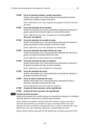 7. Funções neuromusculoesqueléticas e relacionadas com o movimento CIF
b7300 Força de músculos isolados e grupos musculares
funções relacionadas com a força gerada pela contracção de músculos
específicos e isolados e grupos musculares
Inclui: deficiências, tais como, fraqueza dos pequenos músculos dos pés e
das mãos
b7301 Força dos músculos de um membro
funções relacionadas com a força gerada pela contracção dos músculos e
grupos musculares do membro superior ou do membro inferior
Inclui: deficiências, tais como, monoparesia e monoplegiaErro!
Marcador não definido.
b7302 Força dos músculos de um lado do corpo
funções relacionadas com a força gerada pela contracção dos músculos e
grupos musculares no lado esquerdo ou direito do corpo
Inclui: deficiências, tais como, hemiparesia e hemiplegia
b7303 Força dos músculos da metade inferior do corpo
funções relacionadas com a força gerada pela contracção dos músculos e
grupos musculares da metade inferior do corpo
Inclui: deficiências como paraparesia e paraplegia
b7304 Força dos músculos de todos os membros
funções relacionadas com a força gerada pela contracção dos músculos e
de grupos musculares de todos os quatro membros
Inclui: deficiências como tetraparesia e tetraplegia
b7305 Força dos músculos do tronco
funções relacionadas com a força gerada pela contracção dos músculos e
de grupos musculares do tronco
b7306 Força de todos os músculos do corpo
funções relacionadas com a força gerada pela contracção de todos os
músculos e de grupos musculares do corpo
Inclui: deficiências, tais como, mutismo acinético
b7308 Funções da força muscular, outras especificadas
b7309 Funções da força muscular, não especificadas
b735 Funções do tónus muscular
funções relacionadas com a tensão presente nos músculos em repouso e a resistência
oferecida quando se tenta mover os músculos passivamente
Inclui: funções associadas à tensão de músculos isolados e grupos musculares,
músculos de um membro, de um lado do corpo e da metade inferior do corpo,
músculos de todos os membros, músculos do tronco, e todos os músculos do corpo;
deficiências, tais como, hipotonia, hipertonia e espasticidade muscular
Exclui: funções da força muscular (b730); funções da resistência muscular (b740)
88
 
