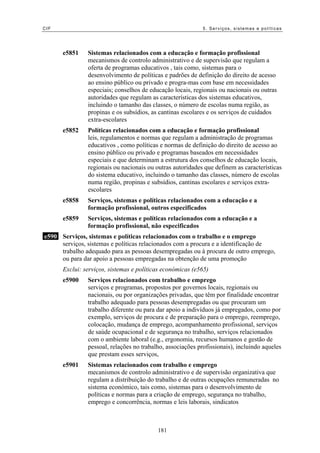 CIF 5. Serviços, sistemas e políticas
e5851 Sistemas relacionados com a educação e formação profissional
mecanismos de controlo administrativo e de supervisão que regulam a
oferta de programas educativos , tais como, sistemas para o
desenvolvimento de políticas e padrões de definição do direito de acesso
ao ensino público ou privado e progra-mas com base em necessidades
especiais; conselhos de educação locais, regionais ou nacionais ou outras
autoridades que regulam as características dos sistemas educativos,
incluindo o tamanho das classes, o número de escolas numa região, as
propinas e os subsídios, as cantinas escolares e os serviços de cuidados
extra-escolares
e5852 Políticas relacionados com a educação e formação profissional
leis, regulamentos e normas que regulam a administração de programas
educativos , como políticas e normas de definição do direito de acesso ao
ensino público ou privado e programas baseados em necessidades
especiais e que determinam a estrutura dos conselhos de educação locais,
regionais ou nacionais ou outras autoridades que definem as características
do sistema educativo, incluindo o tamanho das classes, número de escolas
numa região, propinas e subsídios, cantinas escolares e serviços extra-
escolares
e5858 Serviços, sistemas e políticas relacionados com a educação e a
formação profissional, outros especificados
e5859 Serviços, sistemas e políticas relacionados com a educação e a
formação profissional, não especificados
e590 Serviços, sistemas e políticas relacionados com o trabalho e o emprego
serviços, sistemas e políticas relacionados com a procura e a identificação de
trabalho adequado para as pessoas desempregadas ou à procura de outro emprego,
ou para dar apoio a pessoas empregadas na obtenção de uma promoção
Exclui: serviços, sistemas e políticas económicas (e565)
e5900 Serviços relacionados com trabalho e emprego
serviços e programas, propostos por governos locais, regionais ou
nacionais, ou por organizações privadas, que têm por finalidade encontrar
trabalho adequado para pessoas desempregadas ou que procuram um
trabalho diferente ou para dar apoio a indivíduos já empregados, como por
exemplo, serviços de procura e de preparação para o emprego, reemprego,
colocação, mudança de emprego, acompanhamento profissional, serviços
de saúde ocupacional e de segurança no trabalho, serviços relacionados
com o ambiente laboral (e.g., ergonomia, recursos humanos e gestão de
pessoal, relações no trabalho, associações profissionais), incluindo aqueles
que prestam esses serviços,
e5901 Sistemas relacionados com trabalho e emprego
mecanismos de controlo administrativo e de supervisão organizativa que
regulam a distribuição do trabalho e de outras ocupações remuneradas no
sistema económico, tais como, sistemas para o desenvolvimento de
políticas e normas para a criação de emprego, segurança no trabalho,
emprego e concorrência, normas e leis laborais, sindicatos
181
 