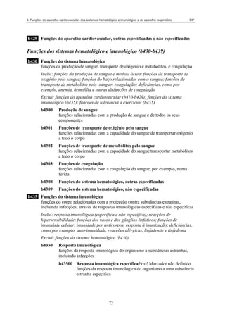 4. Funções do aparelho cardiovascular, dos sistemas hematológico e imunológico e do aparelho respiratório CIF
b429 Funções do aparelho cardiovascular, outras especificadas e não especificadas
Funções dos sistemas hematológico e imunológico (b430-b439)
b430 Funções do sistema hematológico
funções da produção de sangue, transporte de oxigénio e metabólitos, e coagulação
Inclui: funções da produção de sangue e medula óssea; funções de transporte de
oxigénio pelo sangue; funções do baço relacionadas com o sangue; funções de
transporte de metabólitos pelo sangue; coagulação; deficiências, como por
exemplo, anemia, hemofilia e outras disfunções de coagulação
Exclui: funções do aparelho cardiovascular (b410-b429); funções do sistema
imunológico (b435); funções de tolerância a exercícios (b455)
b4300 Produção de sangue
funções relacionadas com a produção de sangue e de todos os seus
componentes
b4301 Funções de transporte de oxigénio pelo sangue
funções relacionadas com a capacidade do sangue de transportar oxigénio
a todo o corpo
b4302 Funções de transporte de metabólitos pelo sangue
funções relacionadas com a capacidade do sangue transportar metabólitos
a todo o corpo
b4303 Funções de coagulação
funções relacionadas com a coagulação do sangue, por exemplo, numa
ferida
b4308 Funções do sistema hematológico, outras especificadas
b4309 Funções do sistema hematológico, não especificadas
b435 Funções do sistema imunológico
funções do corpo relacionadas com a protecção contra substâncias estranhas,
incluindo infecções, através de respostas imunológicas específicas e não específicas
Inclui: resposta imunológica (específica e não específica); reacções de
hipersensibilidade; funções dos vasos e dos gânglios linfáticos; funções de
imunidade celular, imunidade por anticorpos, resposta à imunização; deficiências,
como por exemplo, auto-imunidade, reacções alérgicas, linfadenite e linfedema
Exclui: funções do sistema hematológico (b430)
b4350 Resposta imunológica
funções da resposta imunológica do organismo a substâncias estranhas,
incluindo infecções
b43500 Resposta imunológica específicaErro! Marcador não definido.
funções da resposta imunológica do organismo a uma substância
estranha específica
72
 