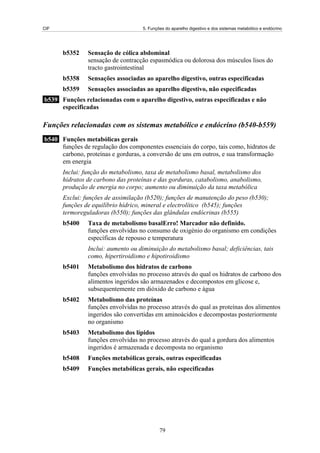 CIF 5. Funções do aparelho digestivo e dos sistemas metabólico e endócrino
b5352 Sensação de cólica abdominal
sensação de contracção espasmódica ou dolorosa dos músculos lisos do
tracto gastrointestinal
b5358 Sensações associadas ao aparelho digestivo, outras especificadas
b5359 Sensações associadas ao aparelho digestivo, não especificadas
b539 Funções relacionadas com o aparelho digestivo, outras especificadas e não
especificadas
Funções relacionadas com os sistemas metabólico e endócrino (b540-b559)
b540 Funções metabólicas gerais
funções de regulação dos componentes essenciais do corpo, tais como, hidratos de
carbono, proteínas e gorduras, a conversão de uns em outros, e sua transformação
em energia
Inclui: função do metabolismo, taxa de metabolismo basal, metabolismo dos
hidratos de carbono das proteínas e das gorduras, catabolismo, anabolismo,
produção de energia no corpo; aumento ou diminuição da taxa metabólica
Exclui: funções de assimilação (b520); funções de manutenção do peso (b530);
funções de equilíbrio hídrico, mineral e electrolítico (b545); funções
termoreguladoras (b550); funções das glândulas endócrinas (b555)
b5400 Taxa de metabolismo basalErro! Marcador não definido.
funções envolvidas no consumo de oxigénio do organismo em condições
específicas de repouso e temperatura
Inclui: aumento ou diminuição do metabolismo basal; deficiências, tais
como, hipertiroidismo e hipotiroidismo
b5401 Metabolismo dos hidratos de carbono
funções envolvidas no processo através do qual os hidratos de carbono dos
alimentos ingeridos são armazenados e decompostos em glicose e,
subsequentemente em dióxido de carbono e água
b5402 Metabolismo das proteínas
funções envolvidas no processo através do qual as proteínas dos alimentos
ingeridos são convertidas em aminoácidos e decompostas posteriormente
no organismo
b5403 Metabolismo dos lípidos
funções envolvidas no processo através do qual a gordura dos alimentos
ingeridos é armazenada e decomposta no organismo
b5408 Funções metabólicas gerais, outras especificadas
b5409 Funções metabólicas gerais, não especificadas
79
 