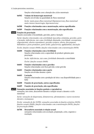 6. Funções geniturinárias e reprodutivas CIF
funções relacionadas com a duração dos ciclos menstruais
b6502 Volume da hemorragia menstrual
funções envolvidas na quantidade do fluxo menstrual
Inclui: muito pouco fluxo menstrual (hipomenorreia), fluxo menstrual
muito intenso (menorragia, hipermenorreia)
b6508 Funções relacionadas com a menstruação, outras especificadas
b6509 Funções relacionadas com a menstruação, não especificadas
b660 Funções de procriação
funções associadas à fecundidade, gravidez, parto e lactação
Inclui: funções relacionadas com a fertilidade masculina e feminina, gravidez, parto
e lactação; deficiências, tais como, fertilidade diminuída, esterilidade, azoospermia,
oligoospermia, abortos espontâneos, gravidez ectópica, aborto, feto pequeno,
hidrâmnios e parto prematuro, parto tardio, galactorreia, agalactorreia, alactação
Exclui: funções sexuais (b640); funções relacionadas com a menstruação (b650)
b6600 Funções relacionadas com a fertilidade
funções relacionadas com a capacidade de produzir gâmetas para
procriação
Inclui: deficiências, tais como, fertilidade diminuída e esterilidade
Exclui: funções sexuais (b640)
b6601 Funções relacionadas com a gravidez
funções relacionadas com ficar grávida e estar grávida
b6602 Funções relacionadas com o parto
funções envolvidas durante o parto
b6603 Lactação
funções relacionadas com a produção de leite e sua disponibilidade para o
bebé
b6608 Funções de procriação, outras especificadas
b6609 Funções de procriação, não especificadas
b670 Sensações associadas às funções genitais e reprodutivas
sensações, tais como, desconforto durante a relação sexual e durante o ciclo
menstrual
Inclui: sensações de dispareunia, dismenorreia, afrontamentos e suores nocturnos
durante a menopausa
Exclui: sensação de dor (b280); sensações associadas às funções urinárias (b630);
funções sexuais (b640); funções relacionadas com a menstruação (b650); funções
de procriação (b660)
b6700 Desconforto associado à relação sexual
sensações relacionadas com excitação, preparação, coito, orgasmo e
resolução
84
 