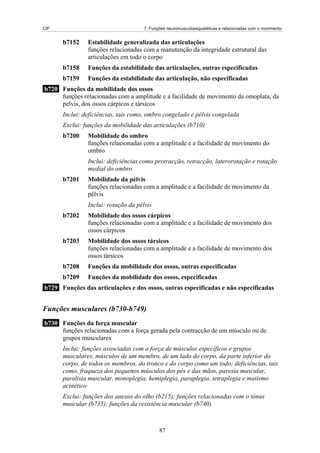 CIF 7. Funções neuromusculoesqueléticas e relacionadas com o movimento
b7152 Estabilidade generalizada das articulações
funções relacionadas com a manutenção da integridade estrutural das
articulações em todo o corpo
b7158 Funções da estabilidade das articulações, outras especificadas
b7159 Funções da estabilidade das articulação, não especificadas
b720 Funções da mobilidade dos ossos
funções relacionadas com a amplitude e a facilidade de movimento da omoplata, da
pelvis, dos ossos cárpicos e társicos
Inclui: deficiências, tais como, ombro congelado e pélvis congelada
Exclui: funções da mobilidade das articulações (b710)
b7200 Mobilidade do ombro
funções relacionadas com a amplitude e a facilidade de movimento do
ombro
Inclui: deficiências como protracção, retracção, laterorotação e rotação
medial do ombro
b7201 Mobilidade da pélvis
funções relacionadas com a amplitude e a facilidade de movimento da
pélvis
Inclui: rotação da pélvis
b7202 Mobilidade dos ossos cárpicos
funções relacionadas com a amplitude e a facilidade de movimento dos
ossos cárpicos
b7203 Mobilidade dos ossos társicos
funções relacionadas com a amplitude e a facilidade de movimento dos
ossos társicos
b7208 Funções da mobilidade dos ossos, outras especificadas
b7209 Funções da mobilidade dos ossos, especificadas
b729 Funções das articulações e dos ossos, outras especificadas e não especificadas
Funções musculares (b730-b749)
b730 Funções da força muscular
funções relacionadas com a força gerada pela contracção de um músculo ou de
grupos musculares
Inclui: funções associadas com a força de músculos específicos e grupos
musculares, músculos de um membro, de um lado do corpo, da parte inferior do
corpo, de todos os membros, do tronco e do corpo como um todo; deficiências, tais
como, fraqueza dos pequenos músculos dos pés e das mãos, paresia muscular,
paralisia muscular, monoplegia, hemiplegia, paraplegia, tetraplegia e mutismo
acinético
Exclui: funções dos anexos do olho (b215); funções relacionadas com o tónus
muscular (b735); funções da resistência muscular (b740)
87
 
