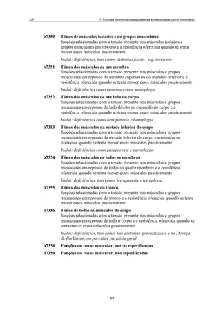 CIF 7. Funções neuromusculoesqueléticas e relacionadas com o movimento
b7350 Tónus de músculos isolados e de grupos musculares
funções relacionadas com a tensão presente nos músculos isolados e
grupos musculares em repouso e a resistência oferecida quando se tenta
mover esses músculos passivamente
Inclui: deficiências, tais como, distonias focais , e.g. torcicolo
b7351 Tónus dos músculos de um membro
funções relacionadas com a tensão presente nos músculos e grupos
musculares em repouso do membro superior ou do membro inferior e a
resistência oferecida quando se tenta mover esses músculos passivamente
Inclui: deficiências como monoparesia e monoplegia
b7352 Tónus dos músculos de um lado do corpo
funções relacionadas com a tensão presente nos músculos e grupos
musculares em repouso do lado direito ou esquerdo do corpo e a
resistência oferecida quando se tenta mover esses músculos passivamente
Inclui: deficiências como hemiparesia e hemiplegia
b7353 Tónus dos músculos da metade inferior do corpo
funções relacionadas com a tensão presente nos músculos e grupos
musculares em repouso da metade inferior do corpo e a resistência
oferecida quando se tenta mover esses músculos passivamente
Inclui: deficiências como paraparesia e paraplegia
b7354 Tónus dos músculos de todos os membros
funções relacionadas com a tensão presente nos músculos e grupos
musculares em repouso de todos os quatro membros e a resistência
oferecida quando se tenta mover esses músculos passivamente
Inclui: deficiências, tais como, tetraparesia e tetraplegia
b7355 Tónus dos músculos do tronco
funções relacionadas com a tensão presente nos músculos e grupos
musculares em repouso do tronco e a resistência oferecida quando se tenta
mover esses músculos passivamente
b7356 Tónus de todos os músculos do corpo
funções relacionadas com a tensão presente nos músculos e grupos
musculares em repouso de todo o corpo e a resistência oferecida quando se
tenta mover esses músculos passivamente
Inclui: deficiências, tais como, nas distonias generalizadas e na Doença
de Parkinson, ou paresia e paralisia geral
b7358 Funções do tónus muscular, outras especificadas
b7359 Funções do tónus muscular, não especificadas
89
 
