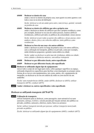 4. Mobilidade                                                                                CIF




        d4600    Deslocar-se dentro de casa
                 andar e mover-se dentro da própria casa, num quarto ou entre quartos e em
                 toda a casa ou na área da habitação
                 Inclui: deslocar-se de um andar para outro, num terraço, quintal, varanda
                 ou jardim da casa
        d4601    Deslocar-se dentro de edifícios que não a própria casa
                 andar e deslocar-se dentro de edifícios que não a própria residência, como
                 por exemplo, deslocar-se na casa de outras pessoas, noutros edifícios
                 residenciais, edifícios privados ou públicos da comunidade e áreas anexas
                 Inclui: deslocar-se por todas as partes dos edifícios e áreas anexas, entre
                 andares, dentro, fora e em volta dos edifícios, tanto públicos como
                 residenciais
        d4602    Deslocar-se fora da sua casa e de outros edifícios
                 andar e deslocar-se perto ou longe da própria casa e de outros edifícios,
                 sem a utilização de transporte, público ou privado, como por exemplo,
                 andar distâncias pequenas e grandes numa aldeia ou cidade
                 Inclui: andar ou deslocar-se pela ruas da vizinhança, aldeia ou cidade;
                 entre cidades e distâncias maiores, sem utilizar transporte
        d4608    Deslocar-se por diferentes locais, outro especificado
        d4609    Deslocar-se por diferentes locais, não especificado
d465 Deslocar-se utilizando algum tipo de equipamento
     mover todo o corpo de um lugar para outro, sobre qualquer superfície ou espaço,
     utilizando dispositivos específicos para facilitar a movimentação ou arranjar outras
     formas de se mover com equipamentos, tais como, patins, skis, equipamento de
     mergulho, ou deslocar-se na rua em cadeira de rodas ou com auxílio de um
     andarilho
        Exclui: auto transferências (d420); andar (d450); deslocar-se (d455); utilizar
        transporte (d470); conduzir (d475)
d469 Andar e deslocar-se, outros especificados e não especificado


Deslocar-se utilizando transporte (d470-d479)
d470 Utilização de transporte
     utilizar transporte para se deslocar, como passageiro, num automóvel ou num
     autocarro, carroça, rickshaw, veículo puxado por tracção animal, táxi público ou
     privado, combóio, autocarro, eléctrico, metro, barco ou aeronave
        Inclui: utilizar transporte movido por pessoas; utilizar transporte motorizado
        privado ou público
        Exclui: deslocar-se utilizando algum tipo de equipamento (d465); conduzir (d475)




                                            130
 