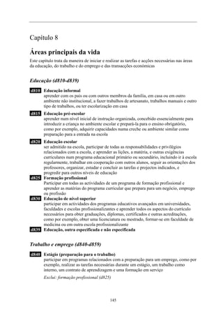 Capítulo 8

Áreas principais da vida
Este capítulo trata da maneira de iniciar e realizar as tarefas e acções necessárias nas áreas
da educação, do trabalho e do emprego e das transacções económicas


Educação (d810-d839)
d810 Educação informal
     aprender com os pais ou com outros membros da família, em casa ou em outro
     ambiente não institucional, a fazer trabalhos de artesanato, trabalhos manuais e outro
     tipo de trabalhos, ou ter escolarização em casa
d815 Educação pré-escolar
     aprender num nível inicial de instrução organizada, concebido essencialmente para
     introduzir a criança no ambiente escolar e prepará-la para o ensino obrigatório,
     como por exemplo, adquirir capacidades numa creche ou ambiente similar como
     preparação para a entrada na escola
d820 Educação escolar
     ser admitido na escola, participar de todas as responsabilidades e privilégios
     relacionados com a escola, e aprender as lições, a matéria, e outras exigências
     curriculares num programa educacional primário ou secundário, incluindo ir à escola
     regularmente, trabalhar em cooperação com outros alunos, seguir as orientações dos
     professores, organizar, estudar e concluir as tarefas e projectos indicados, e
     progredir para outros níveis de educação
d825 Formação profissional
     Participar em todas as actividades de um programa de formação profissional e
     aprender as matérias do programa curricular que prepara para um negócio, emprego
     ou profissão
d830 Educação de nível superior
     participar em actividades dos programas educativos avançados em universidades,
     faculdades e escolas profissionalizantes e aprender todos os aspectos do currículo
     necessários para obter graduações, diplomas, certificados e outras acreditações,
     como por exemplo, obter uma licenciatura ou mestrado, formar-se em faculdade de
     medicina ou em outra escola profissionalizante
d839 Educação, outra especificada e não especificada


Trabalho e emprego (d840-d859)
d840 Estágio (preparação para o trabalho)
     participar em programas relacionados com a preparação para um emprego, como por
     exemplo, realizar as tarefas necessárias durante um estágio, um trabalho como
     interno, um contrato de aprendizagem e uma formação em serviço
        Exclui: formação profissional (d825)




                                              145
 