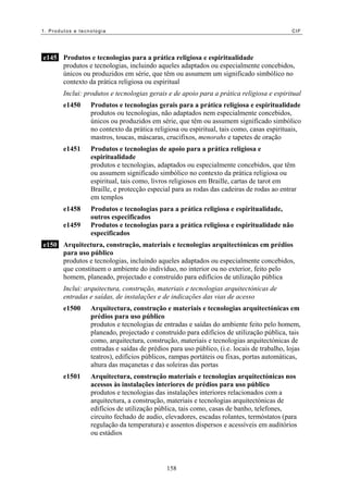 1. Produtos e tecnologia                                                                    CIF




e145 Produtos e tecnologias para a prática religiosa e espiritualidade
     produtos e tecnologias, incluindo aqueles adaptados ou especialmente concebidos,
     únicos ou produzidos em série, que têm ou assumem um significado simbólico no
     contexto da prática religiosa ou espiritual
        Inclui: produtos e tecnologias gerais e de apoio para a prática religiosa e espiritual
        e1450     Produtos e tecnologias gerais para a prática religiosa e espiritualidade
                  produtos ou tecnologias, não adaptados nem especialmente concebidos,
                  únicos ou produzidos em série, que têm ou assumem significado simbólico
                  no contexto da prática religiosa ou espiritual, tais como, casas espirituais,
                  mastros, toucas, máscaras, crucifixos, menorahs e tapetes de oração
        e1451     Produtos e tecnologias de apoio para a prática religiosa e
                  espiritualidade
                  produtos e tecnologias, adaptados ou especialmente concebidos, que têm
                  ou assumem significado simbólico no contexto da prática religiosa ou
                  espiritual, tais como, livros religiosos em Braille, cartas de tarot em
                  Braille, e protecção especial para as rodas das cadeiras de rodas ao entrar
                  em templos
        e1458     Produtos e tecnologias para a prática religiosa e espiritualidade,
                  outros especificados
        e1459     Produtos e tecnologias para a prática religiosa e espiritualidade não
                  especificados
e150 Arquitectura, construção, materiais e tecnologias arquitectónicas em prédios
     para uso público
     produtos e tecnologias, incluindo aqueles adaptados ou especialmente concebidos,
     que constituem o ambiente do indivíduo, no interior ou no exterior, feito pelo
     homem, planeado, projectado e construído para edifícios de utilização pública
        Inclui: arquitectura, construção, materiais e tecnologias arquitectónicas de
        entradas e saídas, de instalações e de indicações das vias de acesso
        e1500     Arquitectura, construção e materiais e tecnologias arquitectónicas em
                  prédios para uso público
                  produtos e tecnologias de entradas e saídas do ambiente feito pelo homem,
                  planeado, projectado e construído para edifícios de utilização pública, tais
                  como, arquitectura, construção, materiais e tecnologias arquitectónicas de
                  entradas e saídas de prédios para uso público, (i.e. locais de trabalho, lojas
                  teatros), edifícios públicos, rampas portáteis ou fixas, portas automáticas,
                  altura das maçanetas e das soleiras das portas
        e1501     Arquitectura, construção materiais e tecnologias arquitectónicas nos
                  acessos às instalações interiores de prédios para uso público
                  produtos e tecnologias das instalações interiores relacionados com a
                  arquitectura, a construção, materiais e tecnologias arquitectónicas de
                  edifícios de utilização pública, tais como, casas de banho, telefones,
                  circuito fechado de audio, elevadores, escadas rolantes, termóstatos (para
                  regulação da temperatura) e assentos dispersos e acessíveis em auditórios
                  ou estádios




                                              158
 