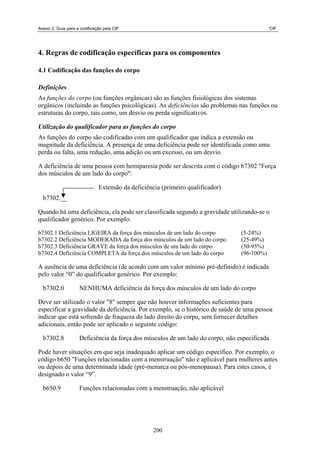 Anexo 2. Guia para a codificação pela CIF                                                     CIF




4. Regras de codificação específicas para os componentes

4.1 Codificação das funções do corpo

Definições
As funções do corpo (ou funções orgânicas) são as funções fisiológicas dos sistemas
orgânicos (incluindo as funções psicológicas). As deficiências são problemas nas funções ou
estruturas do corpo, tais como, um desvio ou perda significativos.

Utilização do qualificador para as funções do corpo
As funções do corpo são codificadas com um qualificador que indica a extensão ou
magnitude da deficiência. A presença de uma deficiência pode ser identificada como uma
perda ou falta, uma redução, uma adição ou um excesso, ou um desvio.

A deficiência de uma pessoa com hemiparesia pode ser descrita com o código b7302 "Força
dos músculos de um lado do corpo":

                              Extensão da deficiência (primeiro qualificador)
  b7302.__

Quando há uma deficiência, ela pode ser classificada segundo a gravidade utilizando-se o
qualificador genérico. Por exemplo:

b7302.1 Deficiência LIGEIRA da força dos músculos de um lado do corpo           (5-24%)
b7302.2 Deficiência MODERADA da força dos músculos de um lado do corpo          (25-49%)
b7302.3 Deficiência GRAVE da força dos músculos de um lado do corpo             (50-95%)
b7302.4 Deficiência COMPLETA da força dos músculos de um lado do corpo          (96-100%)

A ausência de uma deficiência (de acordo com um valor mínimo pré-definido) é indicada
pelo valor “0” do qualificador genérico. Por exemplo:

  b7302.0           NENHUMA deficiência da força dos músculos de um lado do corpo

Deve ser utilizado o valor "8" sempre que não houver informações suficientes para
especificar a gravidade da deficiência. Por exemplo, se o histórico de saúde de uma pessoa
indicar que está sofrendo de fraqueza do lado direito do corpo, sem fornecer detalhes
adicionais, então pode ser aplicado o seguinte código:

  b7302.8           Deficiência da força dos músculos de um lado do corpo, não especificada

Pode haver situações em que seja inadequado aplicar um código específico. Por exemplo, o
código b650 "Funções relacionadas com a menstruação" não é aplicável para mulheres antes
ou depois de uma determinada idade (pré-menarca ou pós-menopausa). Para estes casos, é
designado o valor “9”.

  b650.9            Funções relacionadas com a menstruação, não aplicável




                                                   200
 