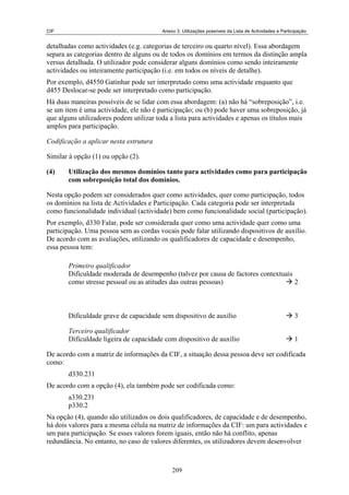 CIF                                      Anexo 3. Utilizações possíveis da Lista de Actividades e Participação


detalhadas como actividades (e.g. categorias de terceiro ou quarto nível). Essa abordagem
separa as categorias dentro de alguns ou de todos os domínios em termos da distinção ampla
versus detalhada. O utilizador pode considerar alguns domínios como sendo inteiramente
actividades ou inteiramente participação (i.e. em todos os níveis de detalhe).
Por exemplo, d4550 Gatinhar pode ser interpretado como uma actividade enquanto que
d455 Deslocar-se pode ser interpretado como participação.
Há duas maneiras possíveis de se lidar com essa abordagem: (a) não há “sobreposição”, i.e.
se um item é uma actividade, ele não é participação; ou (b) pode haver uma sobreposição, já
que alguns utilizadores podem utilizar toda a lista para actividades e apenas os títulos mais
amplos para participação.

Codificação a aplicar nesta estrutura

Similar à opção (1) ou opção (2).

(4)    Utilização dos mesmos domínios tanto para actividades como para participação
       com sobreposição total dos domínios.

Nesta opção podem ser considerados quer como actividades, quer como participação, todos
os domínios na lista de Actividades e Participação. Cada categoria pode ser interpretada
como funcionalidade individual (actividade) bem como funcionalidade social (participação).
Por exemplo, d330 Falar, pode ser considerada quer como uma actividade quer como uma
participação. Uma pessoa sem as cordas vocais pode falar utilizando dispositivos de auxílio.
De acordo com as avaliações, utilizando os qualificadores de capacidade e desempenho,
essa pessoa tem:

       Primeiro qualificador
       Dificuldade moderada de desempenho (talvez por causa de factores contextuais
       como stresse pessoal ou as atitudes das outras pessoas)                      2


Segundo qualificador
       Dificuldade grave de capacidade sem dispositivo de auxílio                                       3

       Terceiro qualificador
       Dificuldade ligeira de capacidade com dispositivo de auxílio                                     1

De acordo com a matriz de informações da CIF, a situação dessa pessoa deve ser codificada
como:
       d330.231
De acordo com a opção (4), ela também pode ser codificada como:
       a330.231
       p330.2
Na opção (4), quando são utilizados os dois qualificadores, de capacidade e de desempenho,
há dois valores para a mesma célula na matriz de informações da CIF: um para actividades e
um para participação. Se esses valores forem iguais, então não há conflito, apenas
redundância. No entanto, no caso de valores diferentes, os utilizadores devem desenvolver



                                             209
 