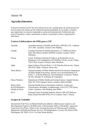 Anexo 10

Agradecimentos

O desenvolvimento da CIF não teria sido possível sem o grande apoio de muitas pessoas de
diversas partes do mundo que lhe dedicaram grande quantidade do seu tempo e energia e
que organizaram os recursos integrando-os numa rede internacional. Embora não seja
possível agradecer a todos, mencionam-se abaixo os principais centros, organizações e
indivíduos.

Centros Colaboradores da OMS para a CIF
Austrália             Australian Institute of Health and Welfare, GPO Box 570, Canberra
                      ACT 2601, Austrália. Contacto: Ros Madden.
Canadá                Canadian Institute for Health Information, 377 Dalhousie Street,
                      Suite 200, Ottawa, Ontário KIN9N8, Canadá. Contacto: Helen
                      Whittome
França                Centre Technique National d`Etudes et de Recherches sur les
                      Handicaps et les Inadaptations (CTNERHI), 236 bis, rue de Tolbiac,
                      75013 Paris, França. Contacto: Marc Maudinet.
Japão                 Japan College of Social Work, 3-1-30 Takeoka, Kiyose-city, Tóquio
                      204-8555, Japão. Contacto: Hisao Sato
Países Baixos         National Institute of Public Health and the Environment, Department
                      of Public Health Forecasting, Antonie van Leeuwenhoeklaan 9, P.
                      O.Box 1, 3720 BA Bilthoven, The Netherlands. Contactos: Willem
                      M. Hirs, Marijke W. de Kleijn-de Vrankrijker.
Países Nórdicos       Department of Public Health and Caring Sciences, Uppsala Science
                      Park, SE 75185 Uppsala, Suécia. Contacto: Björn Smedby
Reino Unido           National Health System Information Authority, Coding and
da Grã-Bretanha e     Classification, Woodgate, Loughborough, Leics LE11 2TG, Reino
Irlanda do Norte      Unido. Contactos: Ann Harding, Jane Millar.
EUA                   National Center for Health Statistics, Room 1100, 6525 Belcrest
                      Road, Hyattsville MD 20782, EUA. Contacto: Paul. J. Placek.

Grupos de Trabalho
International Task Force on Mental Health and Addictive, Behavioural, Cognitive and
Developmental Aspects of ICIDH, Chair: Cille Kennedy, Office of Disability, Aging and
Long-Term Care Policy, Office of the Assistant Secretary for Planning and Evaluation,
Department of Health and Human Services, 200 Independence Avenue, SW, Room 424E,
Washington, DC 20201, EUA. Co-Chair: Karen Ritchie.




                                           226
 