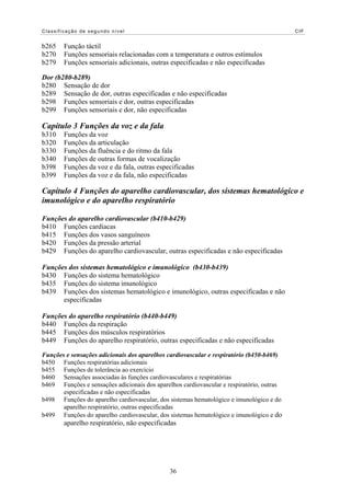 Classificação de segundo nível                                                            CIF


b265    Função táctil
b270    Funções sensoriais relacionadas com a temperatura e outros estímulos
b279    Funções sensoriais adicionais, outras especificadas e não especificadas

Dor (b280-b289)
b280 Sensação de dor
b289 Sensação de dor, outras especificadas e não especificadas
b298 Funções sensoriais e dor, outras especificadas
b299 Funções sensoriais e dor, não especificadas

Capítulo 3 Funções da voz e da fala
b310    Funções da voz
b320    Funções da articulação
b330    Funções da fluência e do ritmo da fala
b340    Funções de outras formas de vocalização
b398    Funções da voz e da fala, outras especificadas
b399    Funções da voz e da fala, não especificadas

Capítulo 4 Funções do aparelho cardiovascular, dos sistemas hematológico e
imunológico e do aparelho respiratório

Funções do aparelho cardiovascular (b410-b429)
b410 Funções cardíacas
b415 Funções dos vasos sanguíneos
b420 Funções da pressão arterial
b429 Funções do aparelho cardiovascular, outras especificadas e não especificadas

Funções dos sistemas hematológico e imunológico (b430-b439)
b430 Funções do sistema hematológico
b435 Funções do sistema imunológico
b439 Funções dos sistemas hematológico e imunológico, outras especificadas e não
      especificadas

Funções do aparelho respiratório (b440-b449)
b440 Funções da respiração
b445 Funções dos músculos respiratórios
b449 Funções do aparelho respiratório, outras especificadas e não especificadas

Funções e sensações adicionais dos aparelhos cardiovascular e respiratório (b450-b469)
b450 Funções respiratórias adicionais
b455 Funções de tolerância ao exercício
b460 Sensações associadas às funções cardiovasculares e respiratórias
b469 Funções e sensações adicionais dos aparelhos cardiovascular e respiratório, outras
       especificadas e não especificadas
b498 Funções do aparelho cardiovascular, dos sistemas hematológico e imunológico e do
       aparelho respiratório, outras especificadas
b499 Funções do aparelho cardiovascular, dos sistemas hematológico e imunológico e do
        aparelho respiratório, não especificadas




                                              36
 