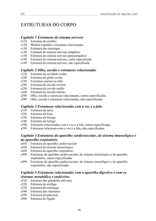 CIF                                                            Classificação de segundo nível




ESTRUTURAS DO CORPO

Capítulo 1 Estruturas do sistema nervoso
s110   Estrutura do cérebro
s120   Medula espinhal e estruturas relacionadas
s130   Estrutura das meninges
s140   Estrutura do sistema nervoso simpático
s150   Estrutura do sistema nervoso parassimpático
s198   Estrutura do sistema nervoso, outra especificada
s199   Estrutura do sistema nervoso, não especificada

Capítulo 2 Olho, ouvido e estruturas relacionadas
s210   Estrutura da cavidade ocular
s220   Estrutura do globo ocular
s230   Estruturas anexas ao olho
s240   Estrutura do ouvido externo
s250   Estrutura do ouvido médio
s260   Estrutura do ouvido interno
s298   Olho, ouvido e estruturas relacionadas, outras especificadas
s299   Olho, ouvido e estruturas relacionadas, não especificadas

Capítulo 3 Estruturas relacionadas com a voz e a fala
s310   Estrutura do nariz
s320   Estrutura da boca
s330   Estrutura da faringe
s340   Estrutura da laringe
s398   Estruturas relacionadas com a voz e a fala, outras especificadas
s399   Estruturas relacionas com a voz e a fala, não especificadas

Capítulo 4 Estruturas do aparelho cardiovascular, do sistema imunológico e
do aparelho respiratório
s410   Estrutura do aparelho cardiovascular
s420   Estrutura do sistema imunológico
s430   Estrutura do aparelho respiratório
s498   Estruturas do aparelho cardiovascular, do sistema imunológico e do aparelho
       respiratório, outras especificadas
s499   Estruturas do aparelho cardiovascular, do sistema imunológico e do aparelho
       respiratório, não especificadas

Capítulo 5 Estruturas relacionadas com o aparelho digestivo e com os
sistemas metabólico e endócrino
s510   Estrutura das glândulas salivares
s520   Estrutura do esófago
s530   Estrutura do estômago
s540   Estrutura dos intestinos
s550   Estrutura do pâncreas
s560   Estrutura do fígado


                                            39
 