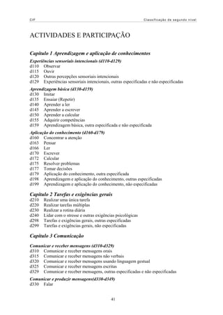 CIF                                                           Classificação de segundo nível




ACTIVIDADES E PARTICIPAÇÃO

Capítulo 1 Aprendizagem e aplicação de conhecimentos
Experiências sensoriais intencionais (d110-d129)
d110 Observar
d115 Ouvir
d120 Outras percepções sensoriais intencionais
d129 Experiências sensoriais intencionais, outras especificadas e não especificadas
Aprendizagem básica (d130-d159)
d130 Imitar
d135 Ensaiar (Repetir)
d140 Aprender a ler
d145 Aprender a escrever
d150 Aprender a calcular
d155 Adquirir competências
d159 Aprendizagem básica, outra especificada e não especificada
Aplicação do conhecimento (d160-d179)
d160 Concentrar a atenção
d163 Pensar
d166 Ler
d170 Escrever
d172 Calcular
d175 Resolver problemas
d177 Tomar decisões
d179 Aplicação do conhecimento, outra especificada
d198 Aprendizagem e aplicação do conhecimento, outras especificadas
d199 Aprendizagem e aplicação do conhecimento, não especificadas

Capítulo 2 Tarefas e exigências gerais
d210   Realizar uma única tarefa
d220   Realizar tarefas múltiplas
d230   Realizar a rotina diária
d240   Lidar com o stresse e outras exigências psicológicas
d298   Tarefas e exigências gerais, outras especificadas
d299   Tarefas e exigências gerais, não especificadas

Capítulo 3 Comunicação
Comunicar e receber mensagens (d310-d329)
d310 Comunicar e receber mensagens orais
d315 Comunicar e receber mensagens não verbais
d320 Comunicar e receber mensagens usando linguagem gestual
d325 Comunicar e receber mensagens escritas
d329 Comunicar e receber mensagens, outras especificadas e não especificadas
Comunicar e produzir mensagens(d330-d349)
d330 Falar


                                            41
 