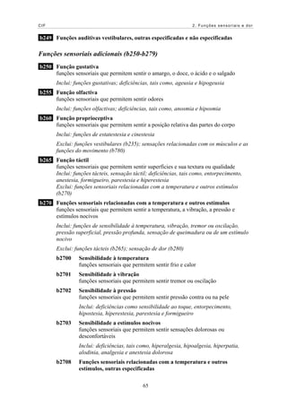 CIF                                                                2. Funções sensoriais e dor


b249 Funções auditivas vestibulares, outras especificadas e não especificadas

Funções sensoriais adicionais (b250-b279)
b250 Função gustativa
     funções sensoriais que permitem sentir o amargo, o doce, o ácido e o salgado
       Inclui: funções gustativas; deficiências, tais como, ageusia e hipogeusia
b255 Função olfactiva
     funções sensoriais que permitem sentir odores
       Inclui: funções olfactivas; deficiências, tais como, anosmia e hiposmia
b260 Função proprioceptiva
     funções sensoriais que permitem sentir a posição relativa das partes do corpo
       Inclui: funções de estatestesia e cinestesia
       Exclui: funções vestibulares (b235); sensações relacionadas com os músculos e as
       funções do movimento (b780)
b265 Função táctil
     funções sensoriais que permitem sentir superfícies e sua textura ou qualidade
     Inclui: funções tácteis, sensação táctil; deficiências, tais como, entorpecimento,
     anestesia, formigueiro, parestesia e hiperestesia
     Exclui: funções sensoriais relacionadas com a temperatura e outros estímulos
     (b270)
b270 Funções sensoriais relacionadas com a temperatura e outros estímulos
     funções sensoriais que permitem sentir a temperatura, a vibração, a pressão e
     estímulos nocivos
       Inclui: funções de sensibilidade à temperatura, vibração, tremor ou oscilação,
       pressão superficial, pressão profunda, sensação de queimadura ou de um estímulo
       nocivo
       Exclui: funções tácteis (b265); sensação de dor (b280)
       b2700     Sensibilidade à temperatura
                 funções sensoriais que permitem sentir frio e calor
       b2701     Sensibilidade à vibração
                 funções sensoriais que permitem sentir tremor ou oscilação
       b2702     Sensibilidade à pressão
                 funções sensoriais que permitem sentir pressão contra ou na pele
                 Inclui: deficiências como sensibilidade ao toque, entorpecimento,
                 hipostesia, hiperestesia, parestesia e formigueiro
       b2703     Sensibilidade a estímulos nocivos
                 funções sensoriais que permitem sentir sensações dolorosas ou
                 desconfortáveis
                 Inclui: deficiências, tais como, hiperalgesia, hipoalgesia, hiperpatia,
                 alodinia, analgesia e anestesia dolorosa
       b2708     Funções sensoriais relacionadas com a temperatura e outros
                 estímulos, outras especificadas

                                             65
 