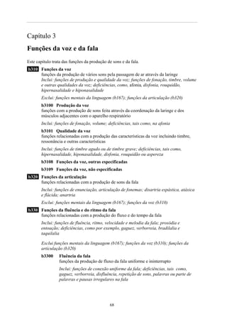 Capítulo 3
Funções da voz e da fala
Este capítulo trata das funções da produção de sons e da fala.
b310 Funções da voz
     funções da produção de vários sons pela passagem de ar através da laringe
     Inclui: funções de produção e qualidade da voz; funções de fonação, timbre, volume
     e outras qualidades da voz; deficiências, como, afonia, disfonia, rouquidão,
     hipernasalidade e hiponasalidade
       Exclui: funções mentais da linguagem (b167); funções da articulação (b320)
       b3100 Produção da voz
       funções com a produção de sons feita através da coordenação da laringe e dos
       músculos adjacentes com o aparelho respiratório
       Inclui: funções de fonação, volume; deficiências, tais como, na afonia
       b3101 Qualidade da voz
       funções relacionadas com a produção das características da voz incluindo timbre,
       ressonância e outras características
       Inclui: funções de timbre agudo ou de timbre grave; deficiências, tais como,
       hipernasalidade, hiponasalidade, disfonia, rouquidão ou aspereza
       b3108 Funções da voz, outras especificadas
       b3109 Funções da voz, não especificadas
b320 Funções da articulação
     funções relacionadas com a produção de sons da fala
       Inclui: funções de enunciação, articulação de fonemas; disartria espástica, atáxica
       e flácida; anartria
       Exclui: funções mentais da linguagem (b167); funções da voz (b310)
b330 Funções da fluência e do ritmo da fala
     funções relacionadas com a produção do fluxo e do tempo da fala
       Inclui: funções de fluência, ritmo, velocidade e melodia da fala; prosódia e
       entoação; deficiências, como por exemplo, gaguez, verborreia, bradilalia e
       taquilalia

       Exclui funções mentais da linguagem (b167); funções da voz (b310); funções da
       articulação (b320)
       b3300     Fluência da fala
                 funções da produção de fluxo da fala uniforme e ininterrupto
                 Inclui: funções de conexão uniforme da fala; deficiências, tais como,
                 gaguez, verborreia, disfluência, repetição de sons, palavras ou parte de
                 palavras e pausas irregulares na fala




                                             68
 